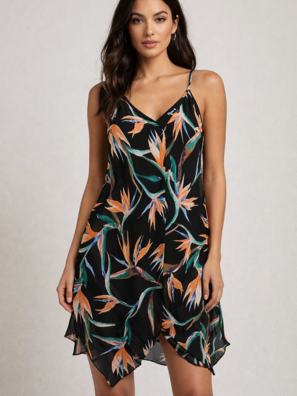 Alexa B Spaghetti Strap Cami Dress Black Tropical Bird of Paradise Floral Size 4